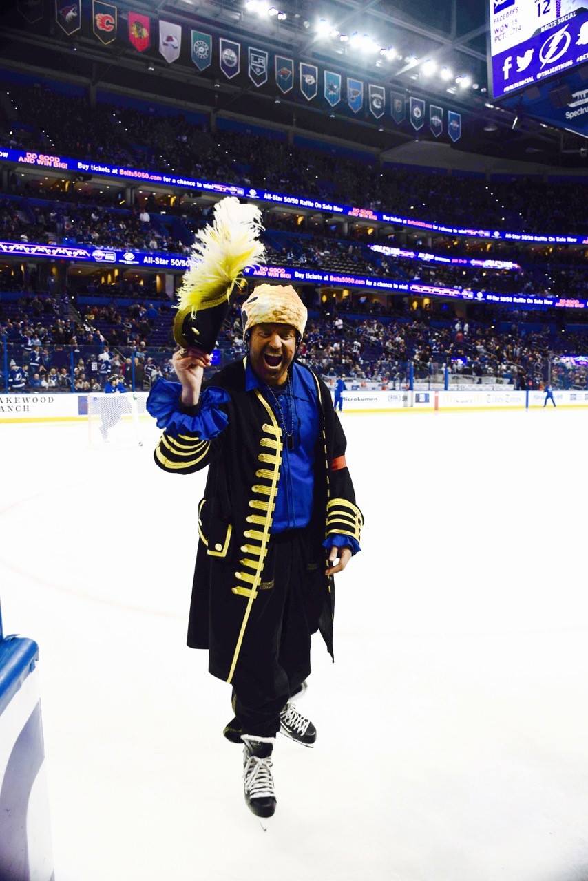 Ye Mystic Krewe of Gasparilla pirate Matt Moss hits the ice during an appearance at a Lightning game.